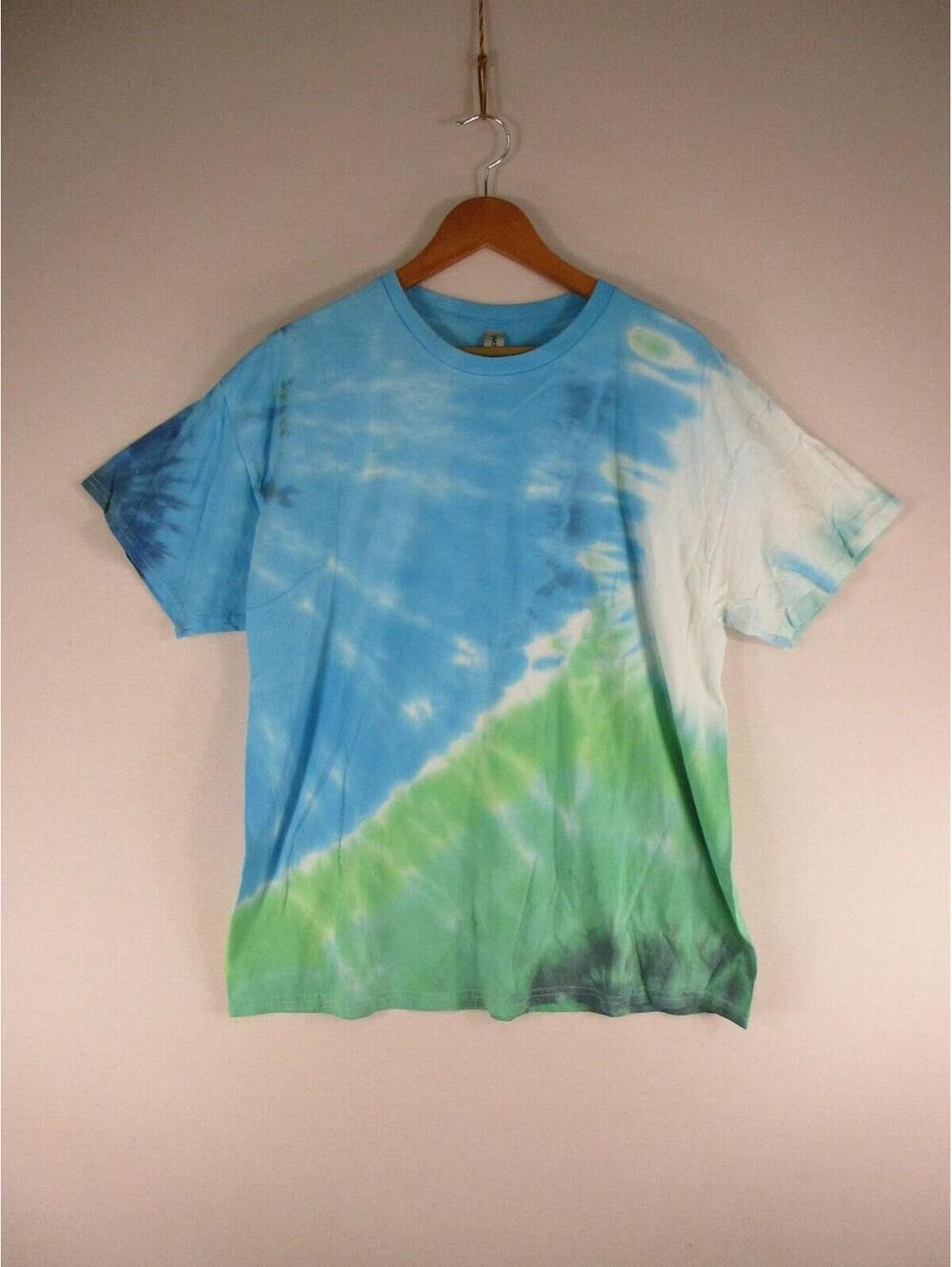 Gildan T-Shirt Unisex XL Tie Dye Blue Green White Heavy Cotton Short Sleeve